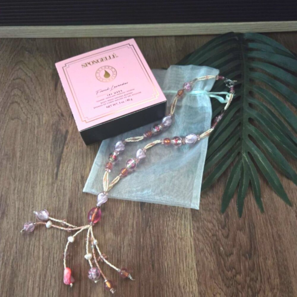 SET: Handcrafted Artisan pink white necklace & Spongelle French Body Sponge
